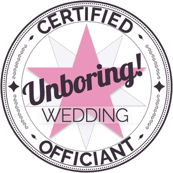 Certified officiant badge reading “Unboring! Wedding” in pink, black, and white, with a star design.