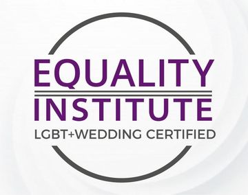 Equality Institute logo with purple text and “LGBT+ Wedding Certified” tagline inside a gray circle.