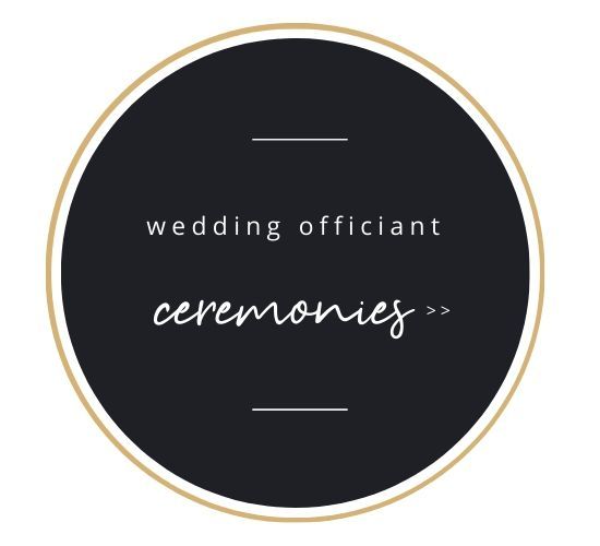 Circular black logo with gold border reading “wedding officiant ceremonies” in white text