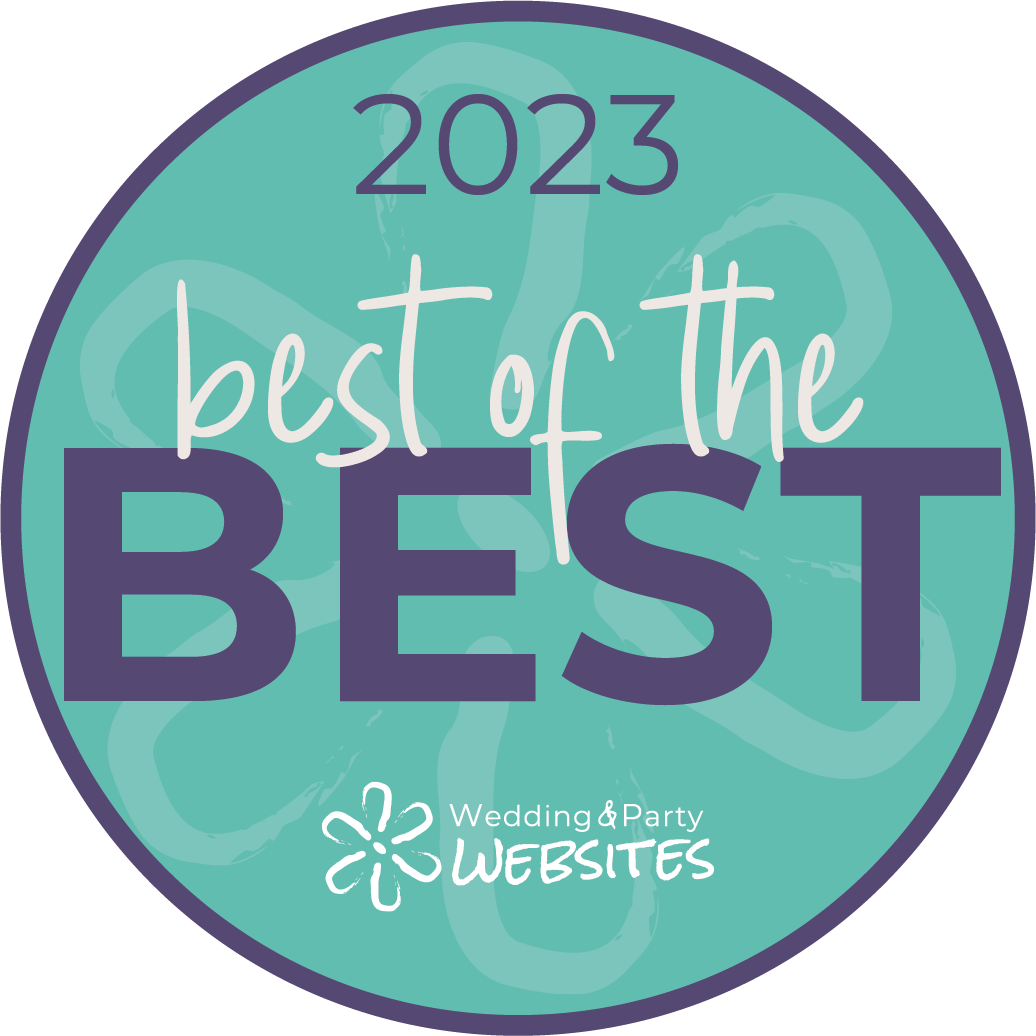2023 “Best of the Best” award badge in teal and purple for WeddingWire websites