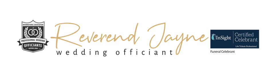 Logo for Reverend Jayne wedding officiant with elegant gold script and a blue contact card on white background