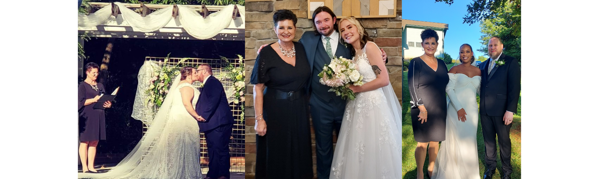 Wedding collage with bride, groom, and guests posing indoors and outdoors