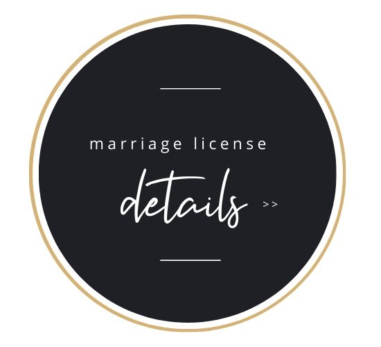 Circular black and gold badge reading “marriage license details >>”