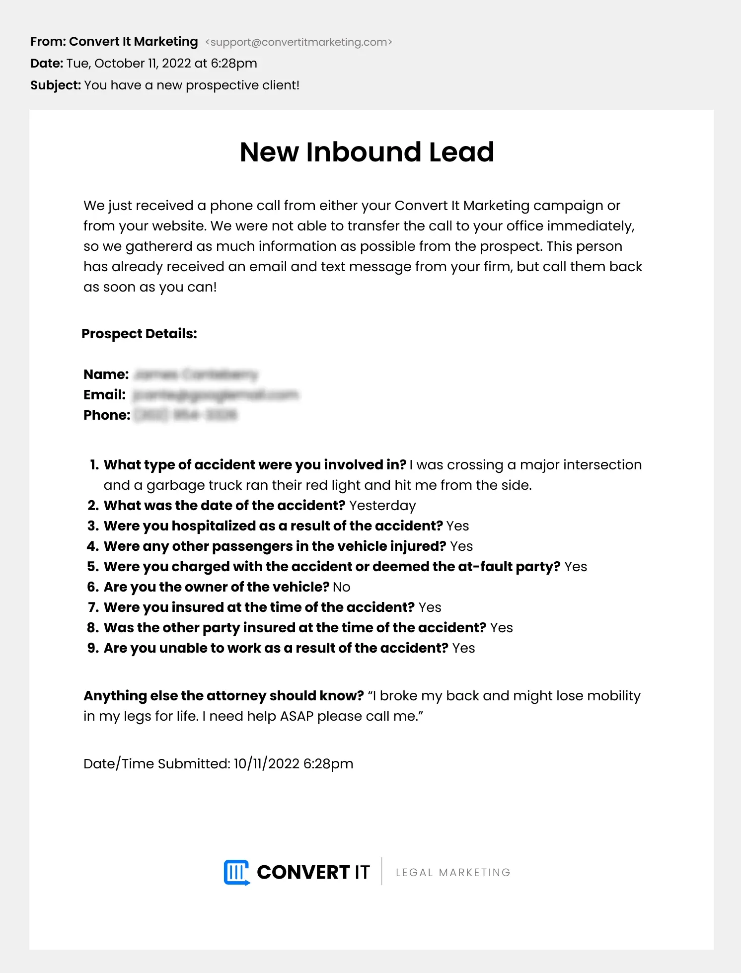 Personal Injury Lead Notification