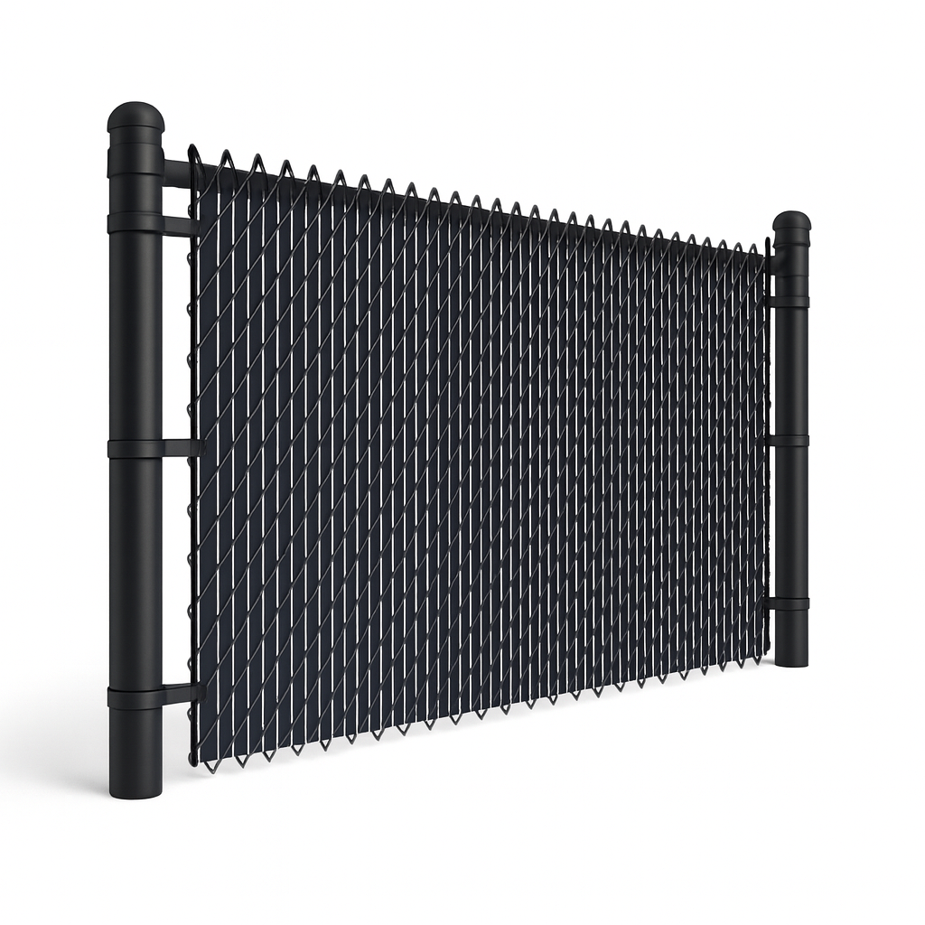 Chain link fence with privacy slats rendering by McConnie Fence