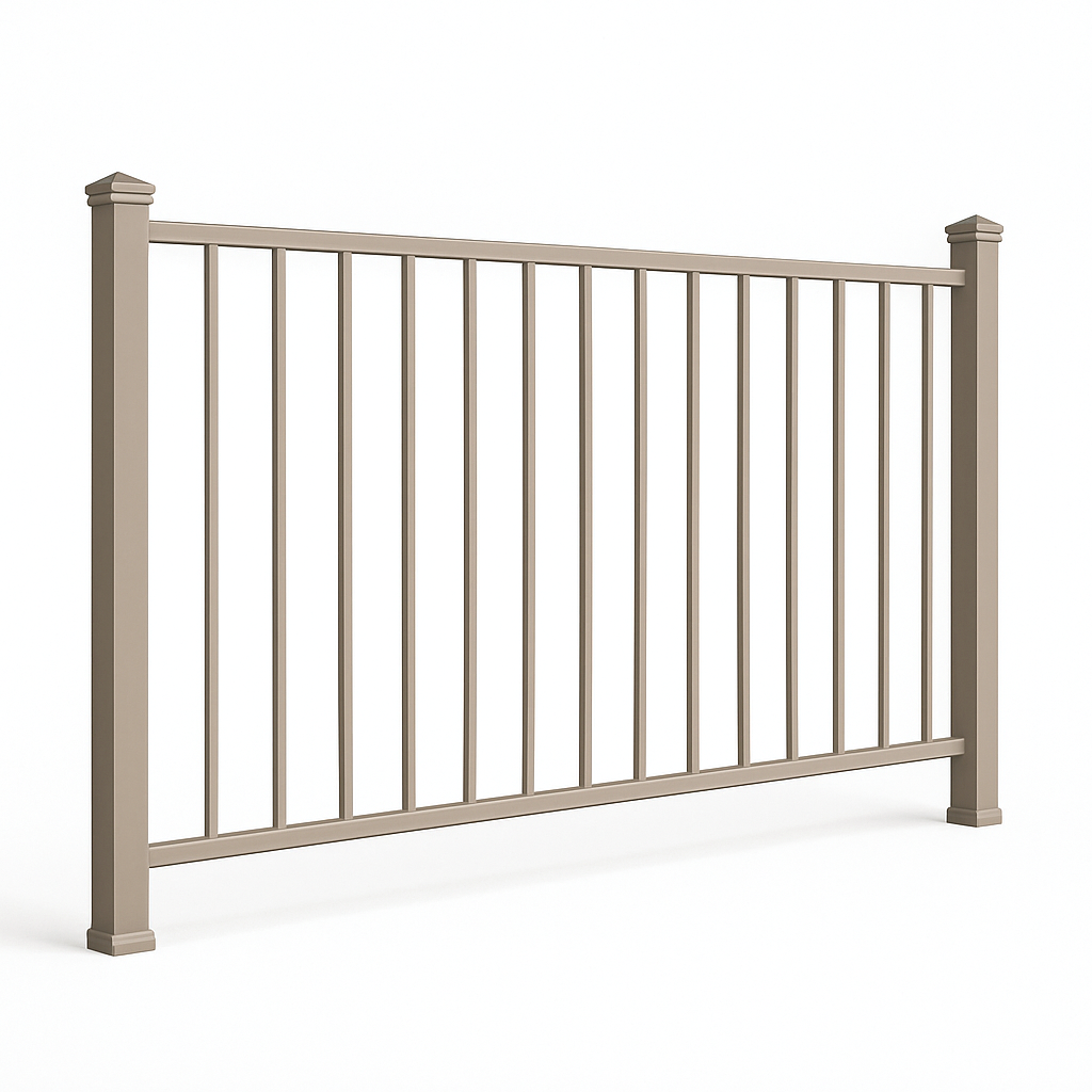 Flat 2-rail ornamental aluminum fence rendering by McConnie Fence