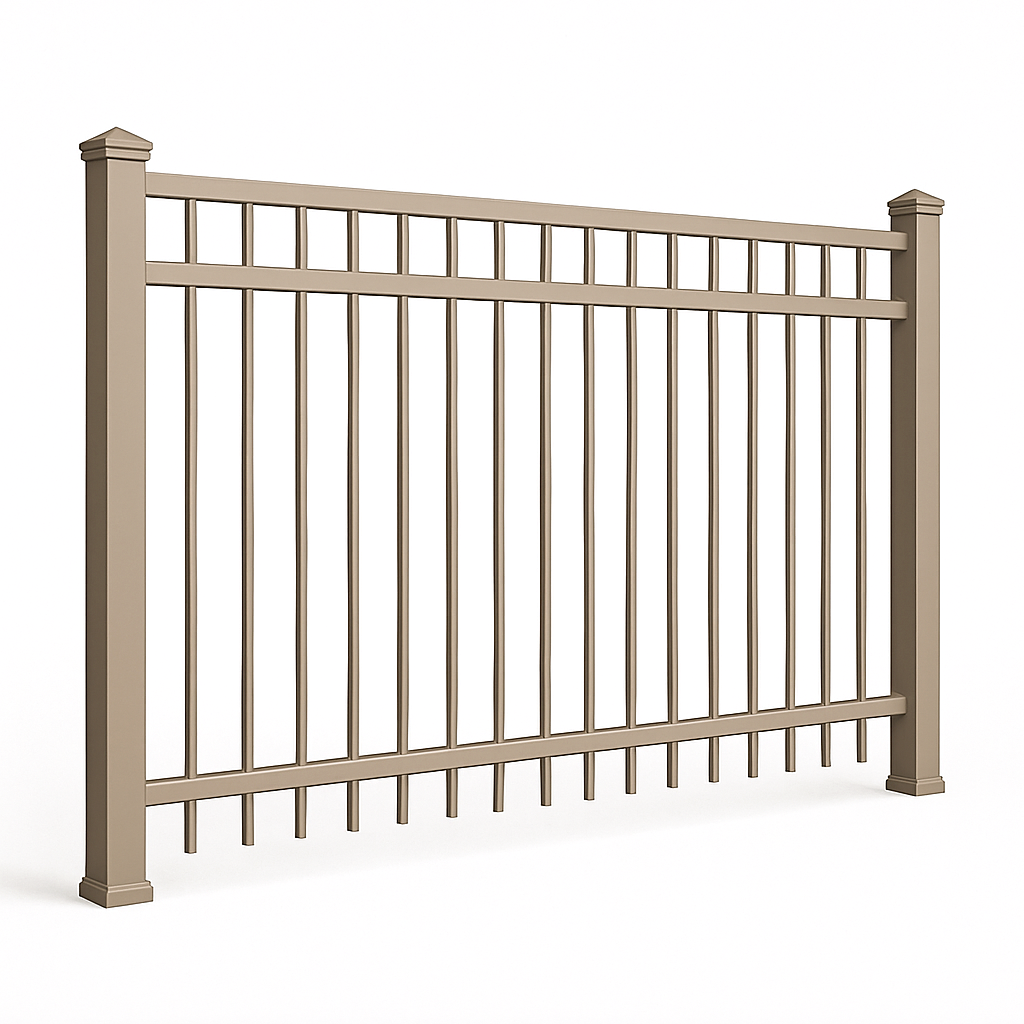 Flat 3-rail aluminum ornamental fence rendering by McConnie Fence