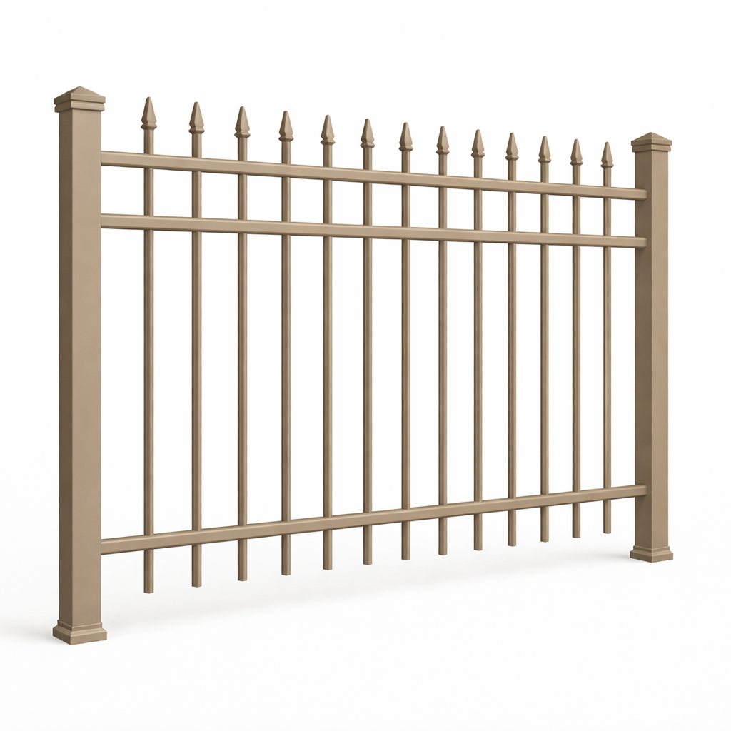 Spear top 3-rail ornamental aluminum fence rendering by McConnie Fence