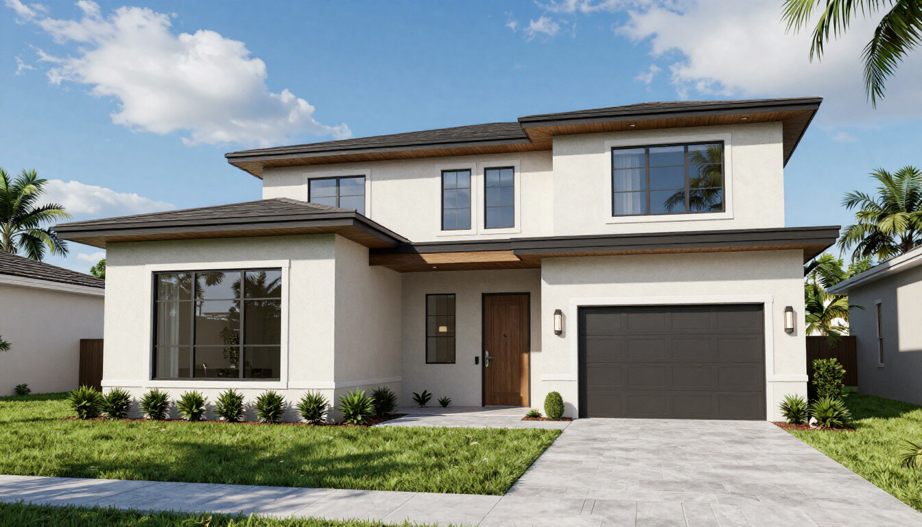 Modern two-story white house with a dark garage door, front lawn, and driveway under a blue sky