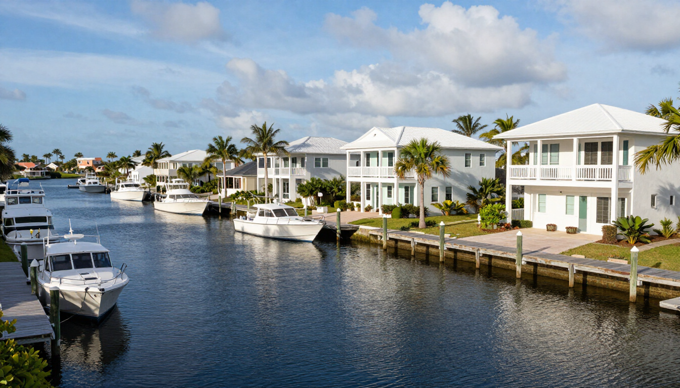 Canal lined with white waterfront homes, boats, and palm trees under a sunny blue sky