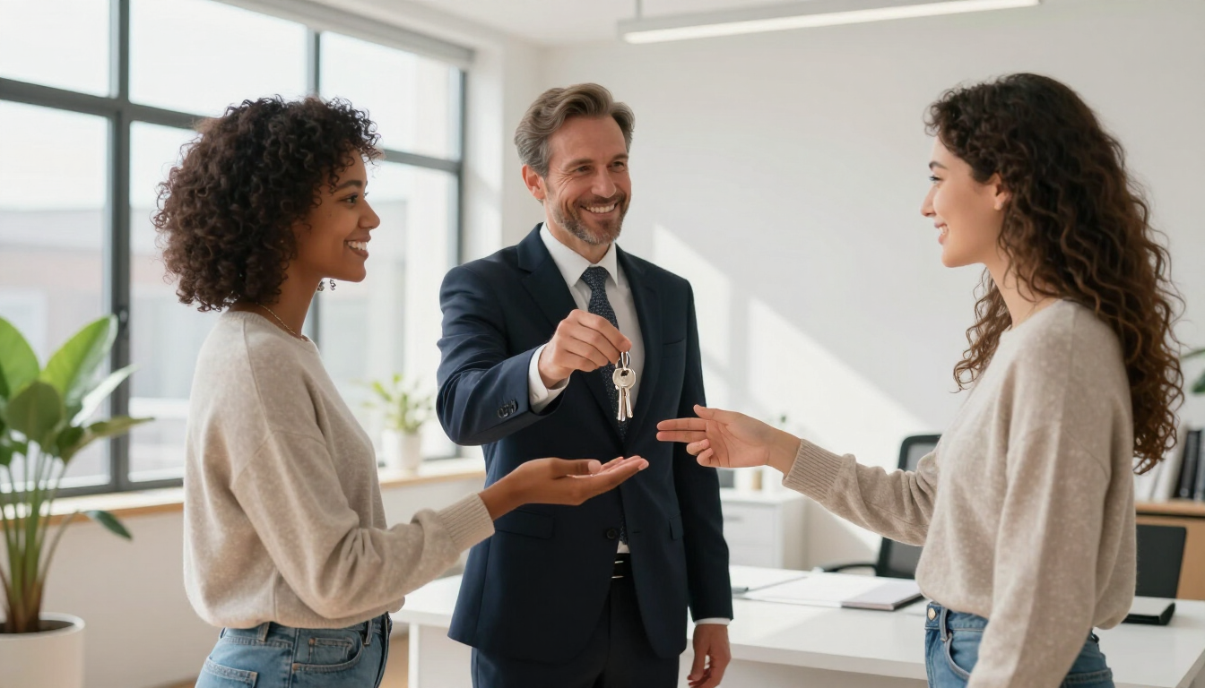 Professional manager handing keys to happy tenants