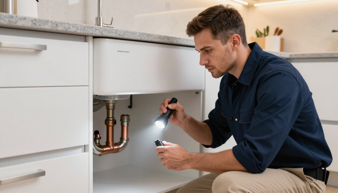 Home inspector checking kitchen plumbing