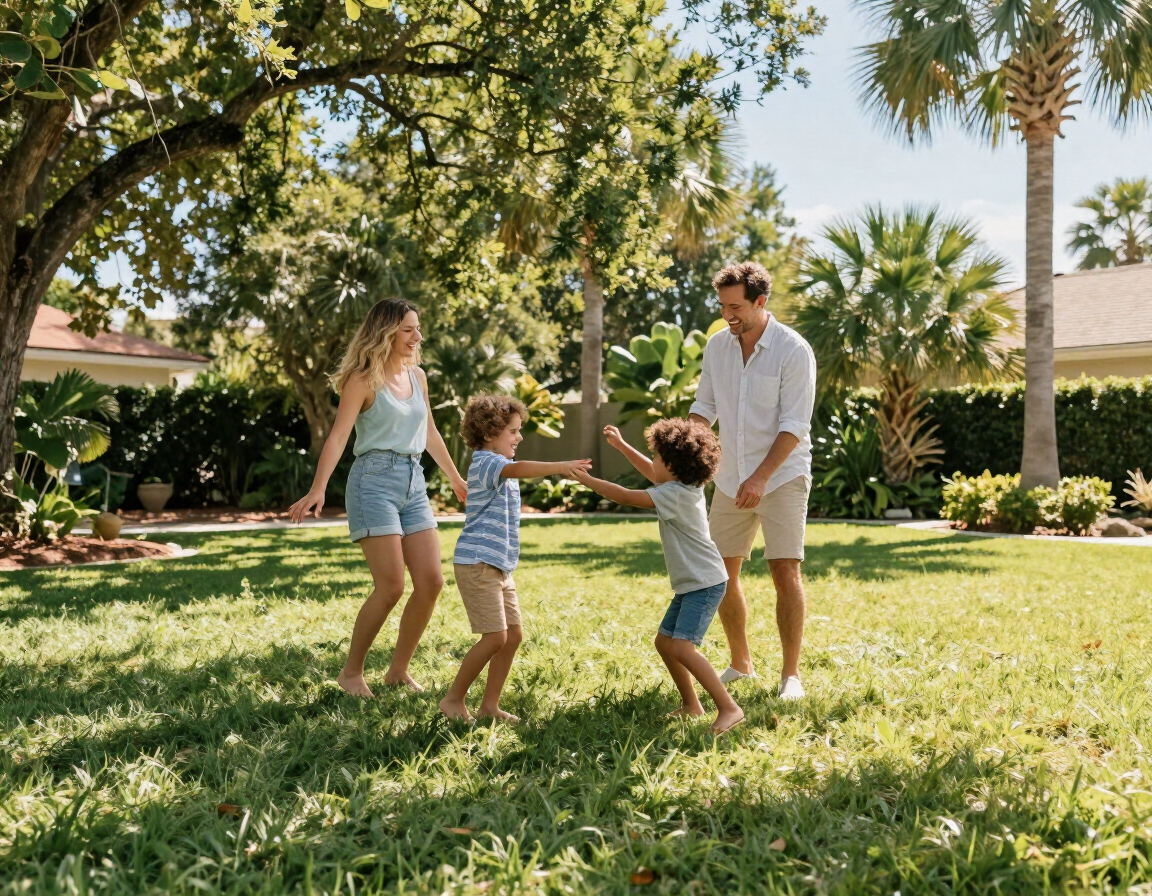 Family enjoying backyard