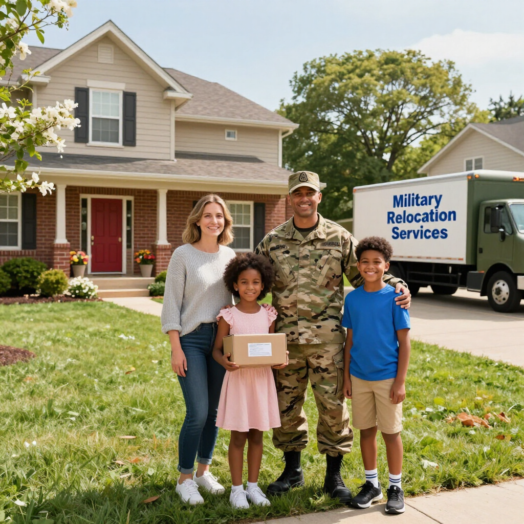 Family stands in front of a house beside a Military Relocation Services truck, one child holding a box.