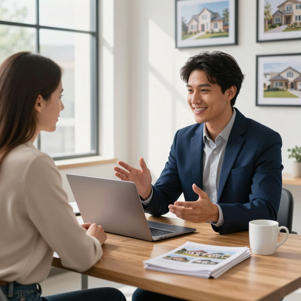 Two people talk at a desk with a laptop in a bright office, with framed house photos on the wall.
