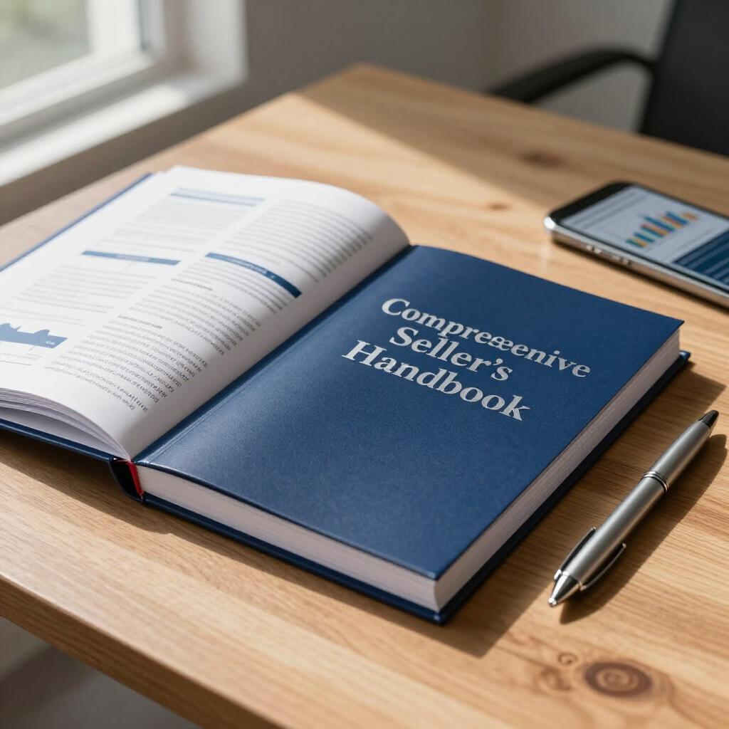 An open blue handbook on a wooden desk beside a notebook, pen, and smartphone.
