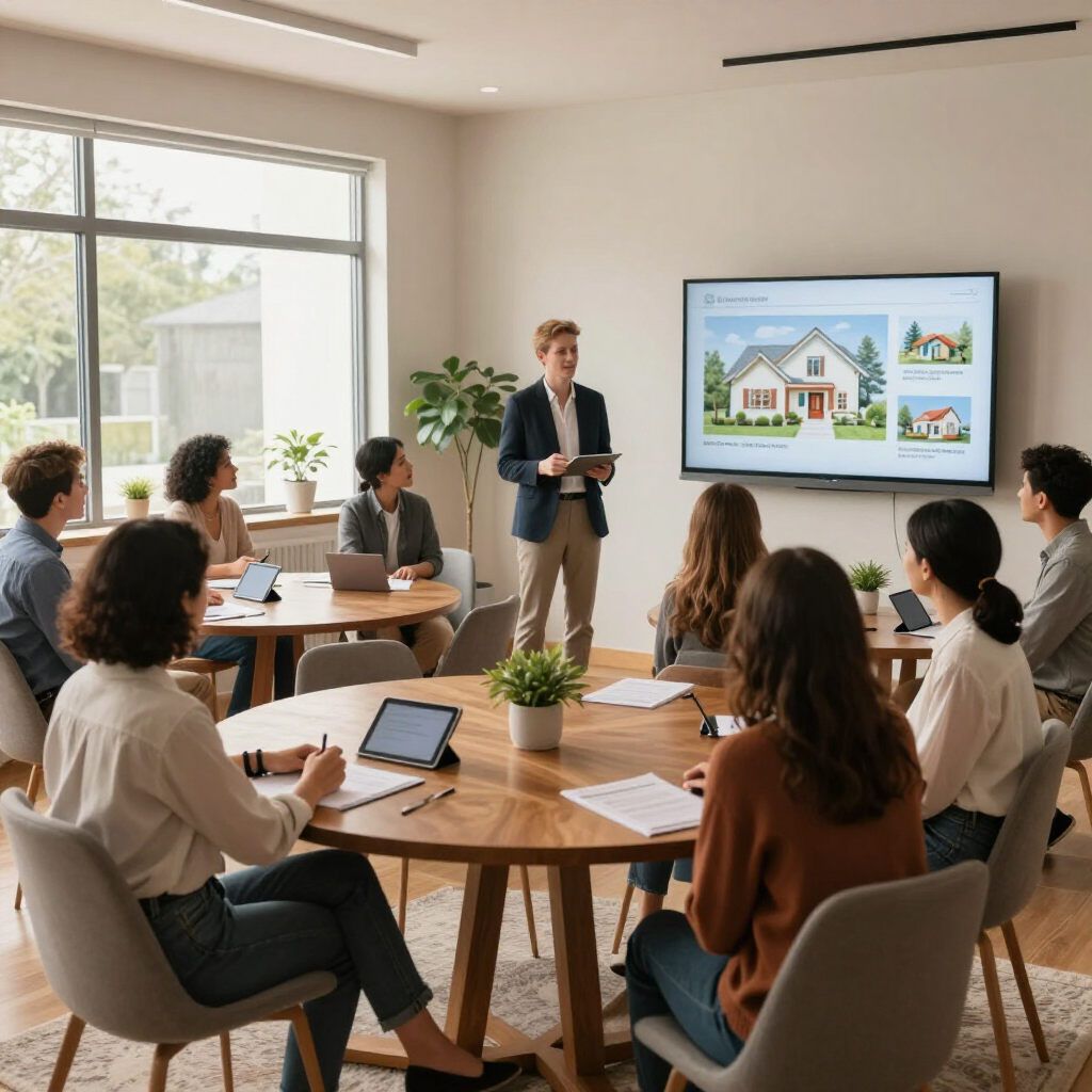 Meeting room presentation with a man speaking to a seated group beside a screen showing house diagrams.