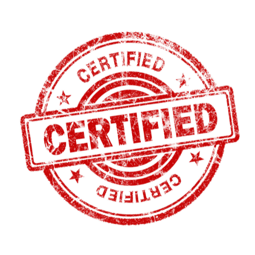 Red circular certified stamp with bold diagonal “CERTIFIED” text