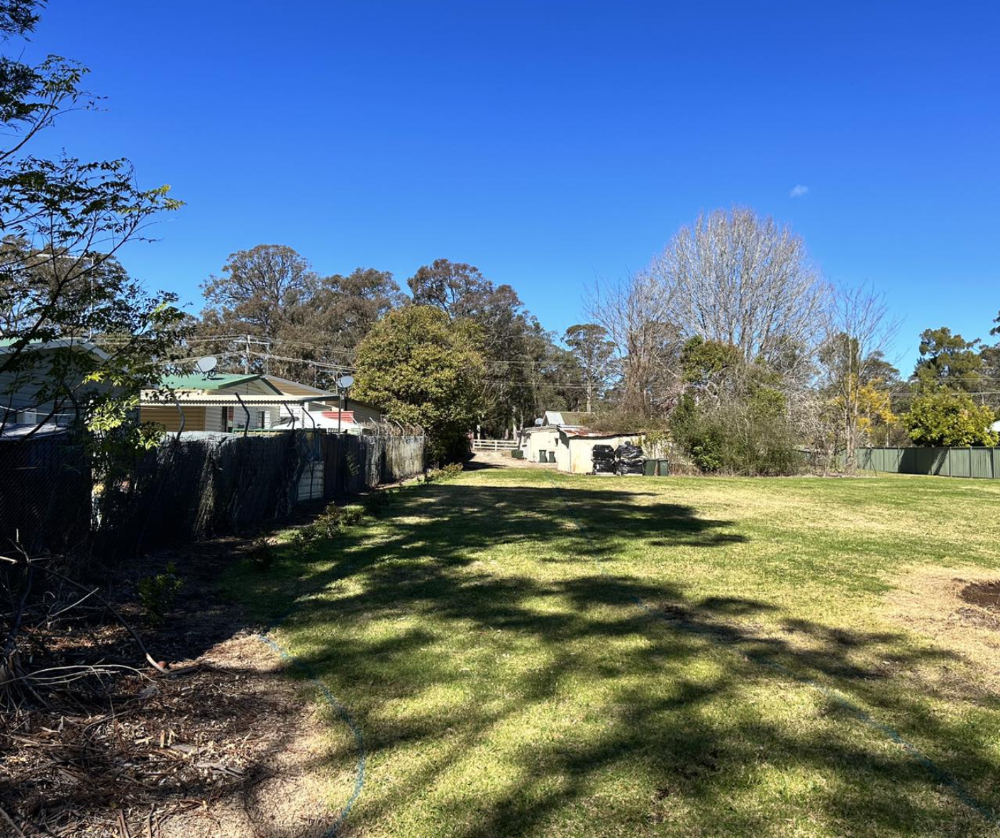 Sunny grassy backyard with trees, a fence, and small houses under a clear blue sky