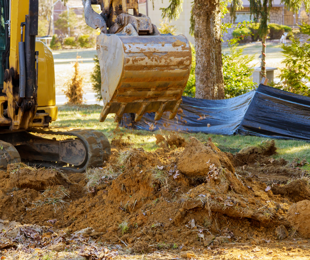 Yellow excavator bucket digging dirt beside blue tarp in a wooded yard