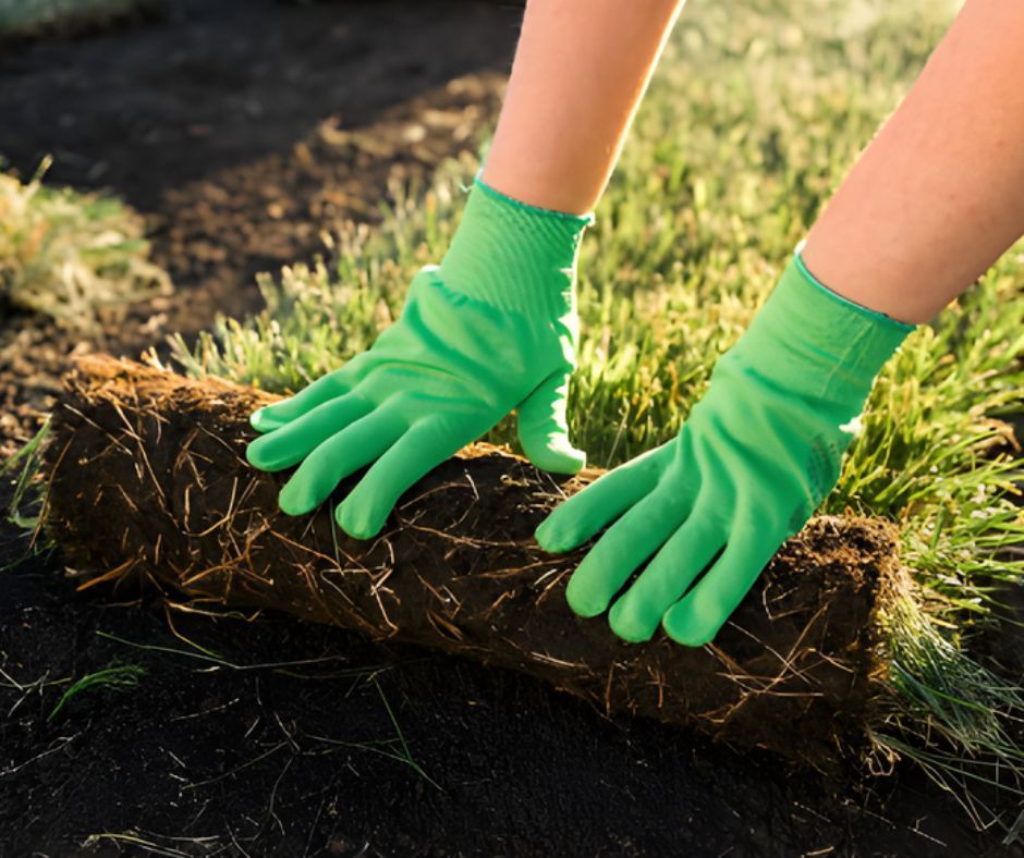 Hands in bright green gloves laying a roll of sod onto dark soil.
