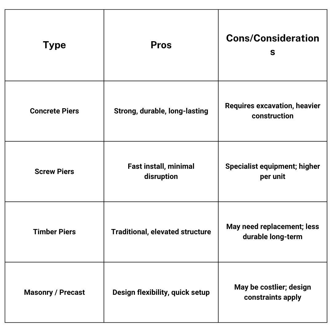 A table comparing four foundation pier types: Concrete, Screw, Timber, and Masonry/Precast, by pros and cons.