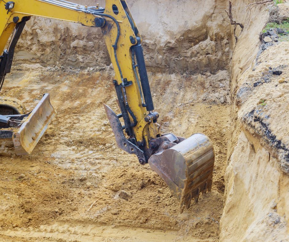 A yellow excavator digging into sandy, excavated earth at a construction site.