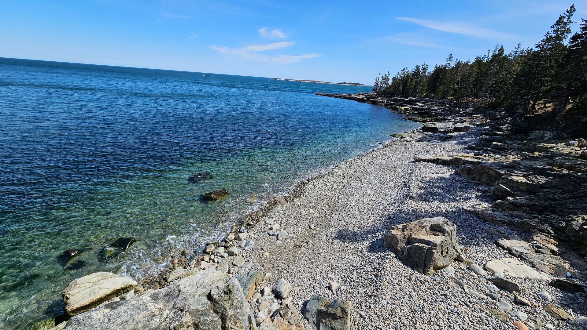 Rocky beach coastline of Schoodic Park Loop in Acadia National Park.