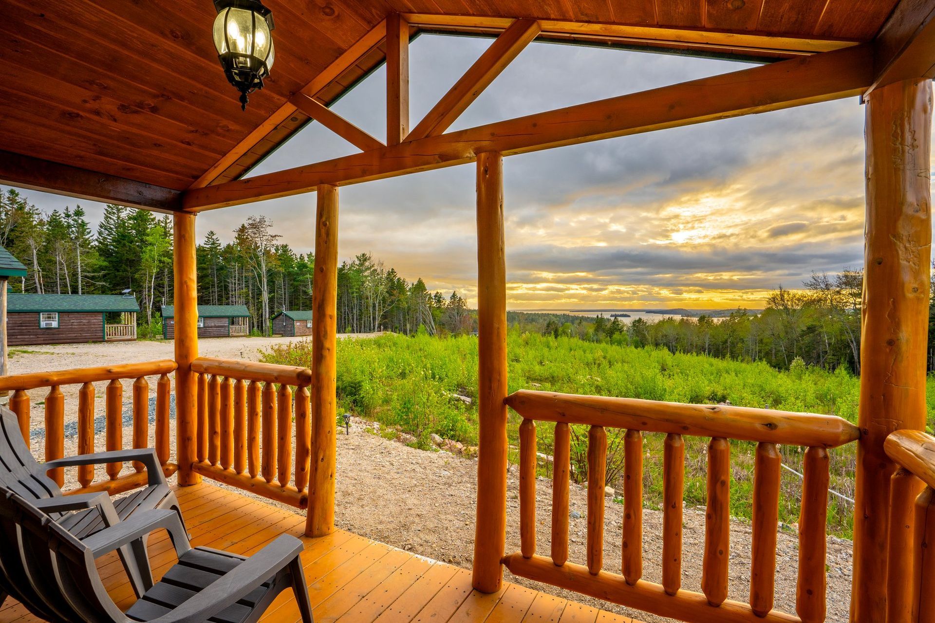 Stunning sunset views from cabins located in Gouldsboro Maine, the quiet side of Acadia National Park.