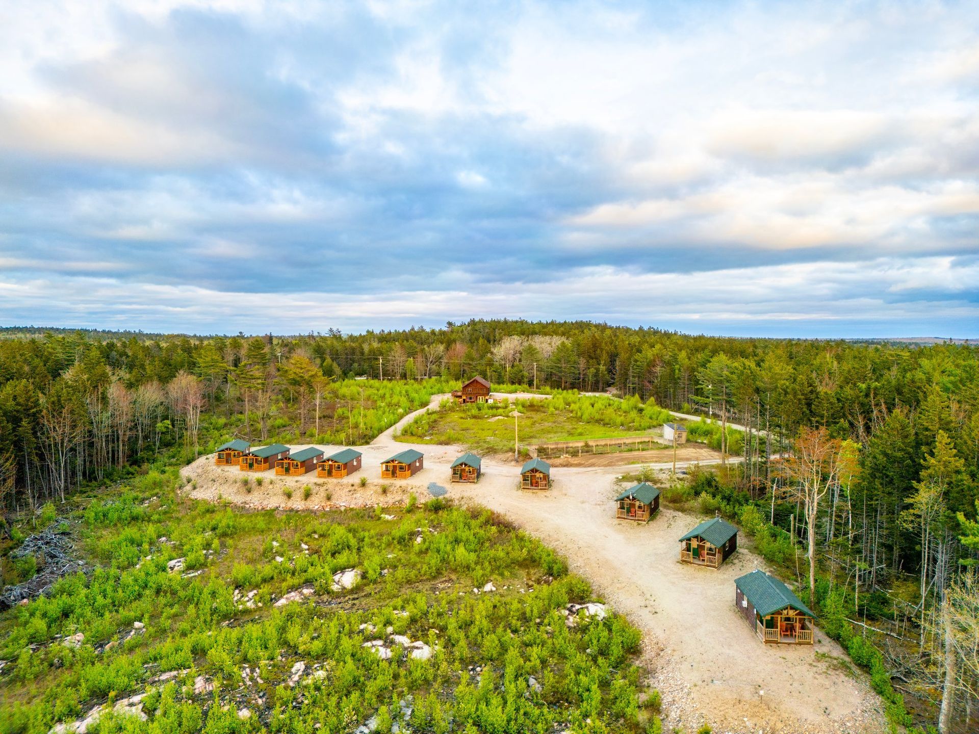 Aerial view of the cabins at the Bluff House Inn Gouldsboro Maine.