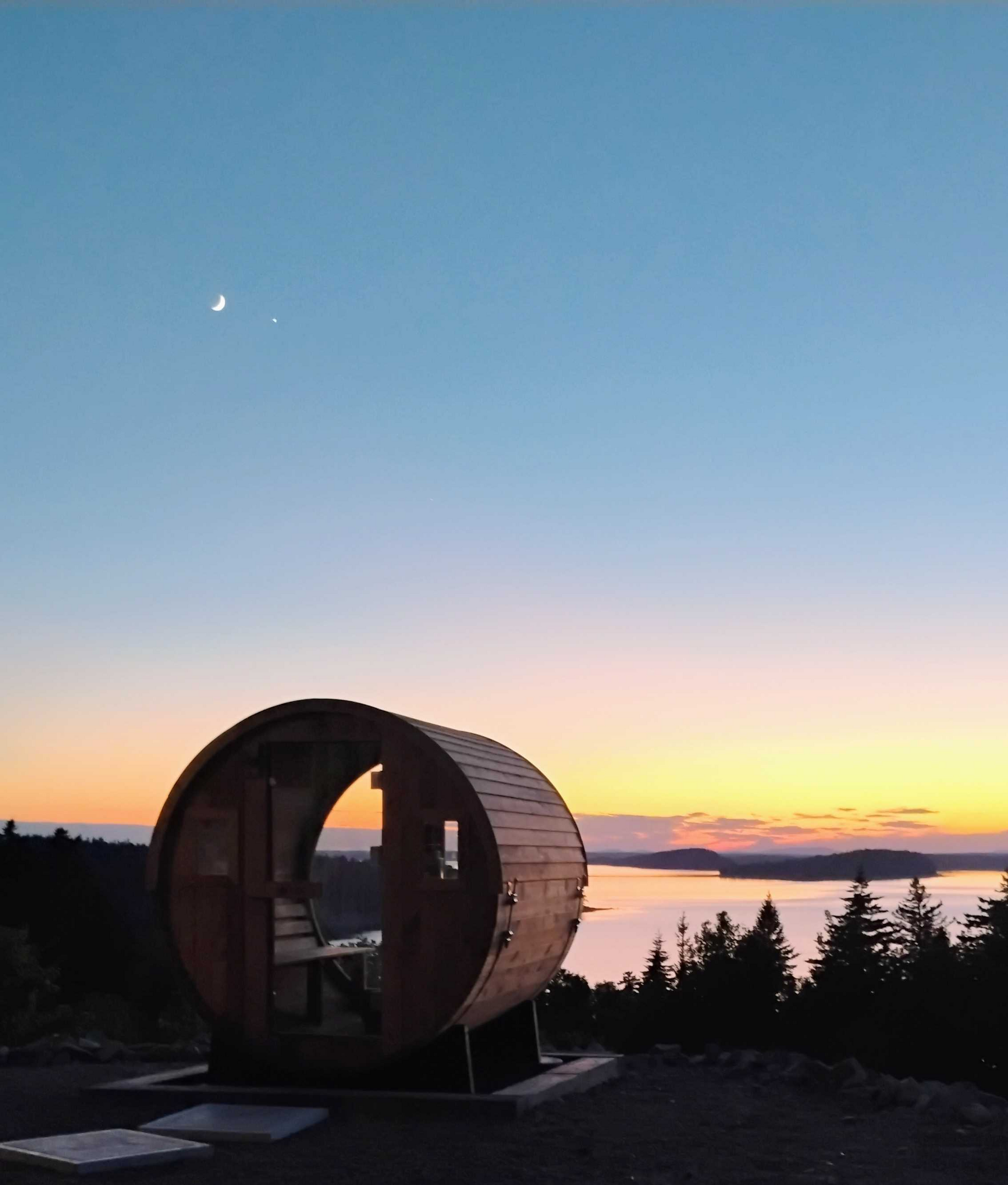 Sunset views from the sauna at the Bluff House Inn in Gouldsboro Maine on the Schoodic Peninsula.