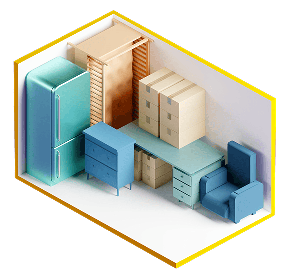 An isometric view of a self-storage unit containing a refrigerator, wooden cabinet, cardboard boxes, desk, and armchair.