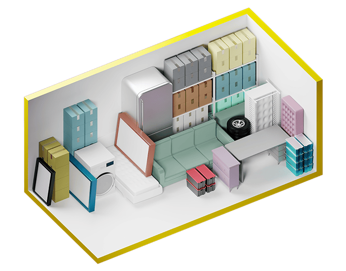 An isometric view of a storage unit packed with furniture, a refrigerator, boxes, and miscellaneous household items.