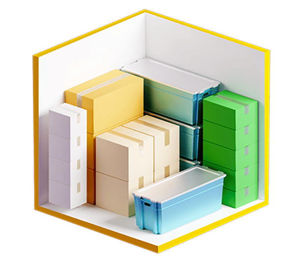 Isometric view of a storage unit containing stacked cardboard boxes, plastic bins, and rectangular storage containers.