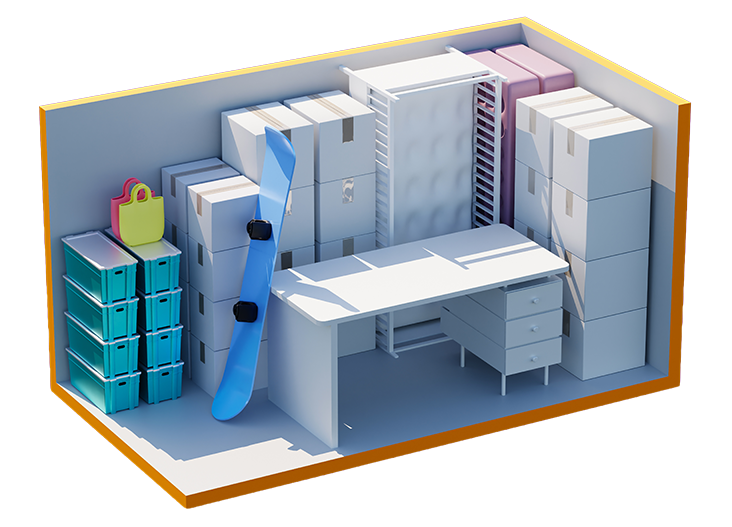 A digital 3D render of a storage unit packed with stacked cardboard boxes, plastic bins, a desk, and a snowboard.
