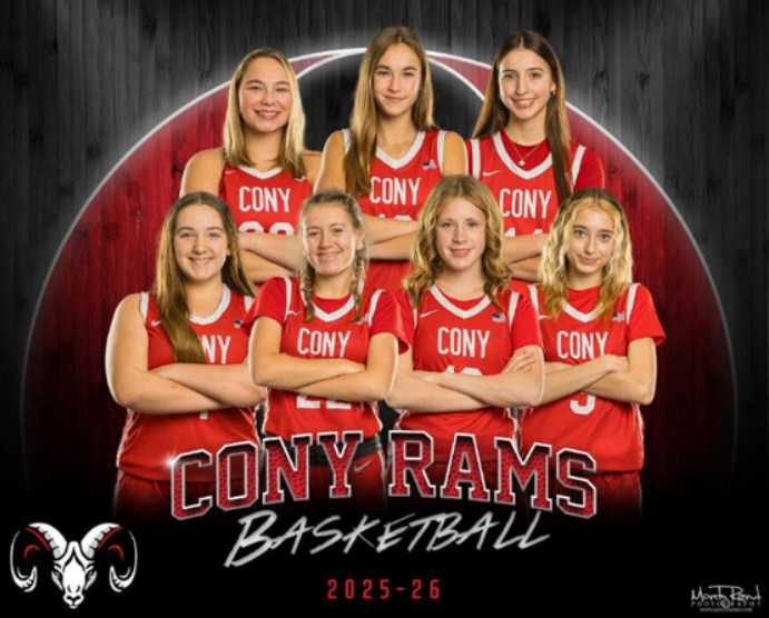 Cony Rams basketball team in red jerseys pose with arms crossed.