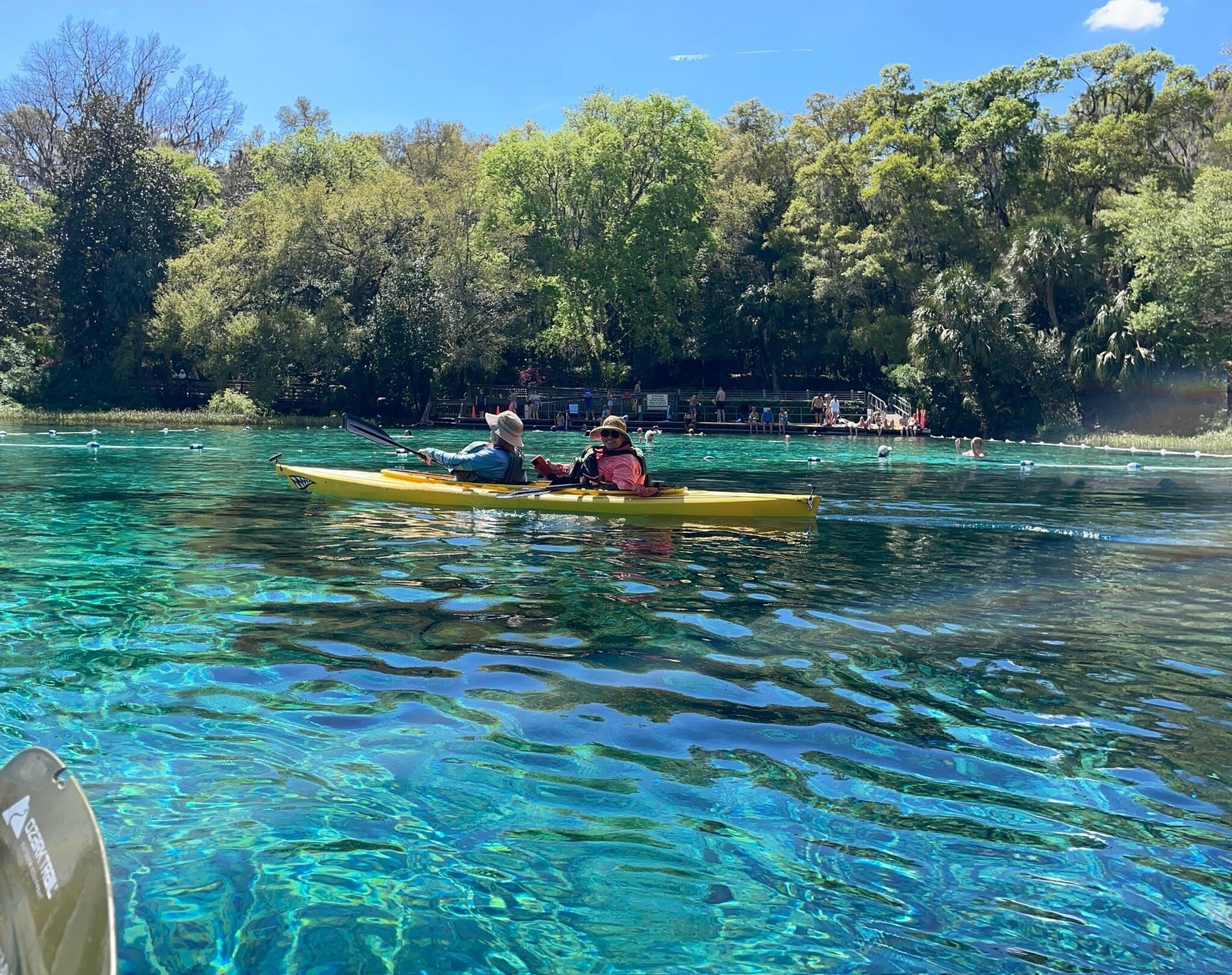 Two people in a yellow kayak on clear blue water near a wooded shoreline
