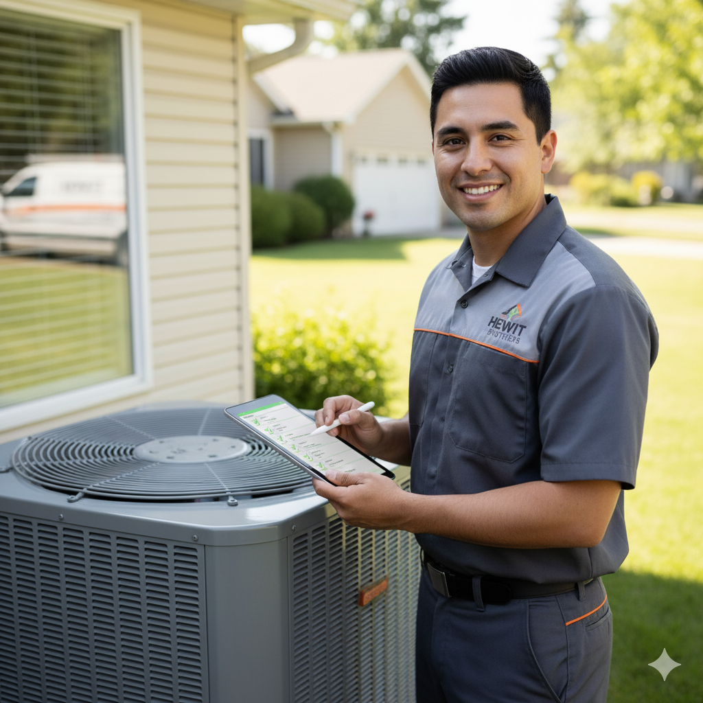 HVAC technician standing by a unit, holding a clipboard and pen. Wearing a gray work shirt, smiling outdoors.