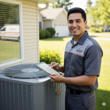 HVAC technician standing by a unit, holding a clipboard and pen. Wearing a gray work shirt, smiling outdoors.