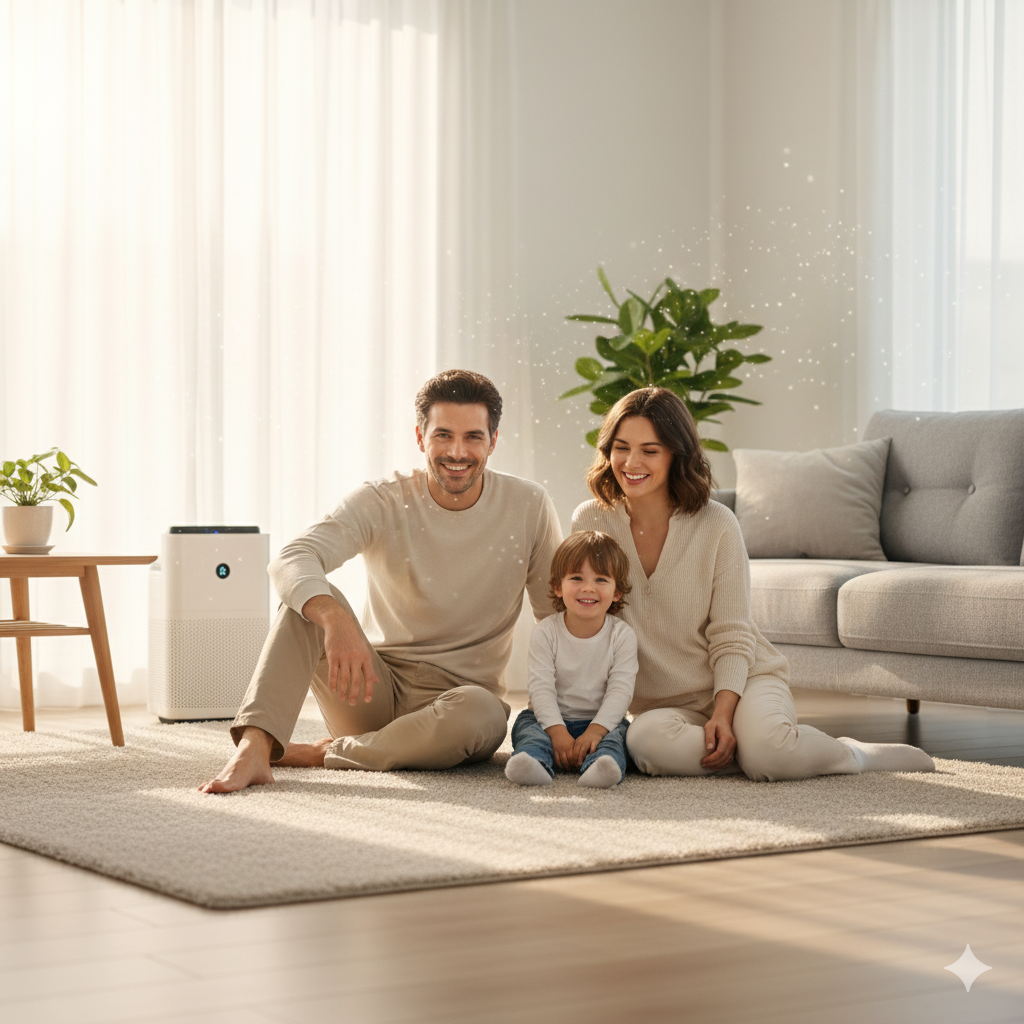Family smiling on a rug, with air purifier. Soft light, neutral colors, modern living room.