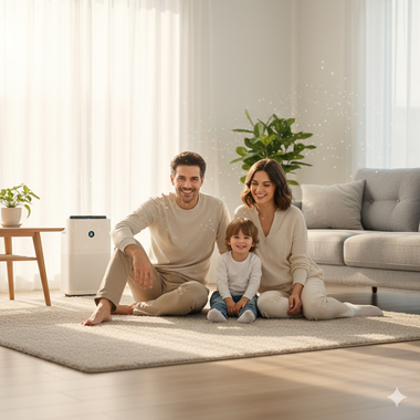Family smiling on a rug, with air purifier. Soft light, neutral colors, modern living room.