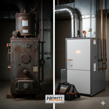 Before and after comparison of an old, rusty furnace and a new, clean furnace in a basement.