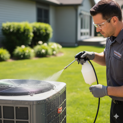 Man spraying an air conditioning unit with a cleaner outside a house.