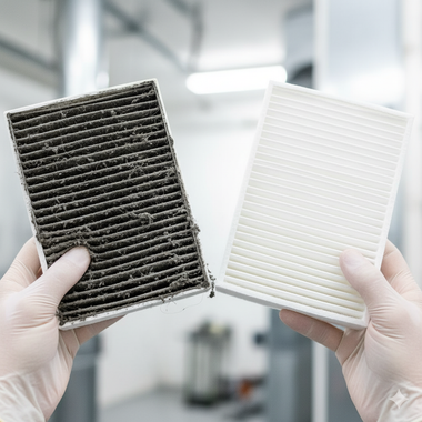 Hands holding a dirty, clogged air filter next to a clean, white one.