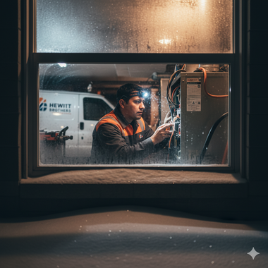 HVAC technician working on a unit, viewed through a window on a snowy night. A work van is visible.