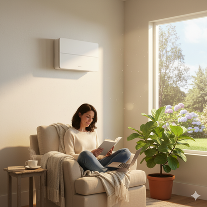 Woman reading in armchair near window and potted plant; air conditioner on wall.