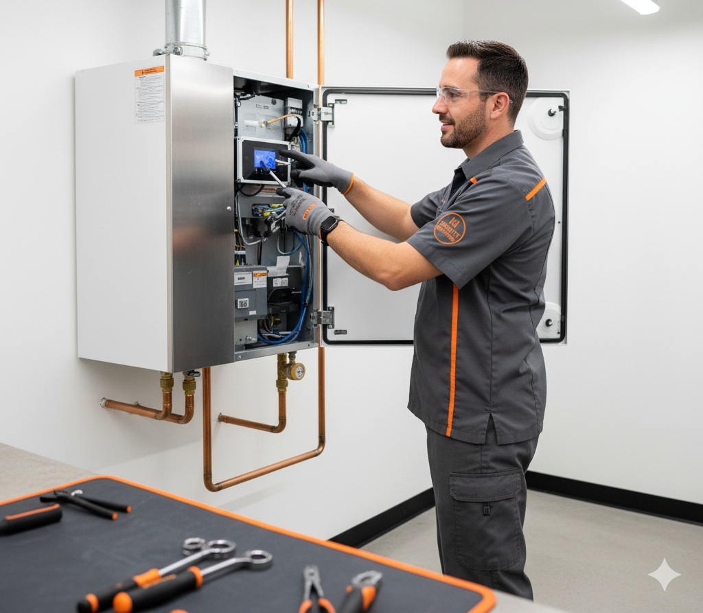 A technician in gray uniform inspects a wall-mounted water heater. The equipment is open, revealing inner components.