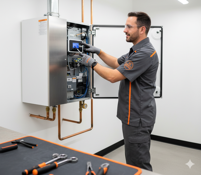 A technician in gray uniform inspects a wall-mounted water heater. The equipment is open, revealing inner components.