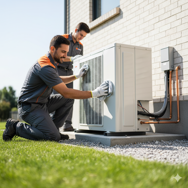 Two HVAC technicians inspect an outdoor unit near a house; one kneels, cleaning the unit.