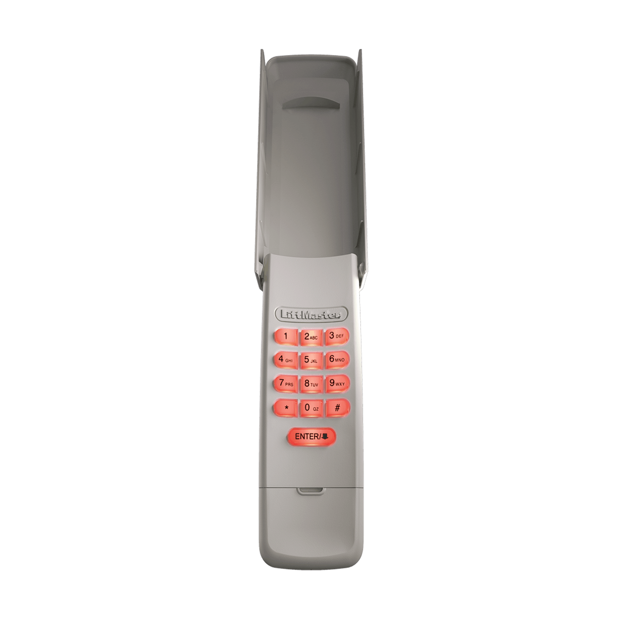 a gray remote control with red buttons on a white background .